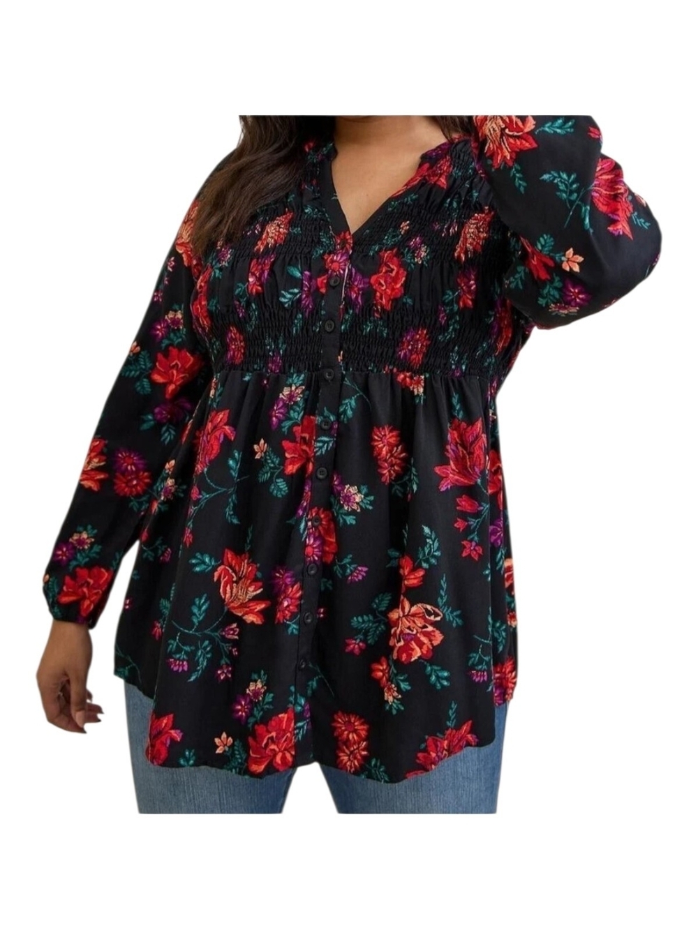 Torrid Rayon Twill Smocked Button-Front Tunic Top Size 1